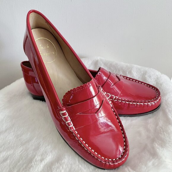 Jack Rogers Quinn Red Patent Leather Penny Loafers Size 7 Scallop Trim - Picture 2 of 15